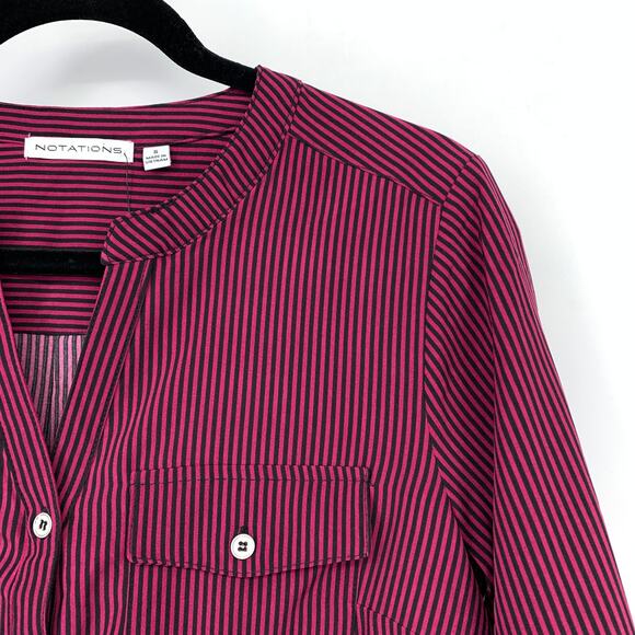 Notations Tab Sleeve Button Front Blouse Womens Sz Small Pink Black Striped NEW - Picture 3 of 6